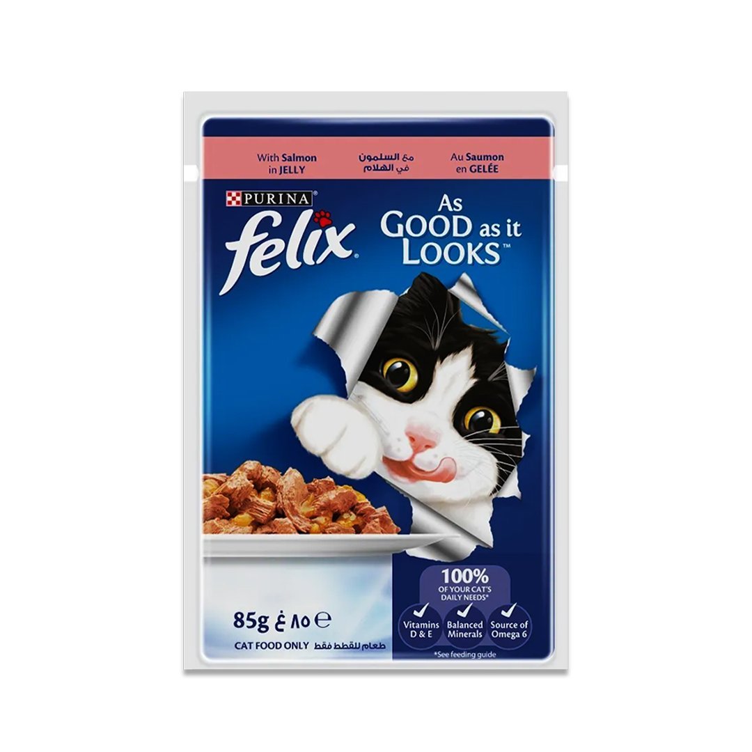 طعام رطب للقطط من فيلكس بالسالمون في الهلامpurina felix as good as it looks , with salmon in jely